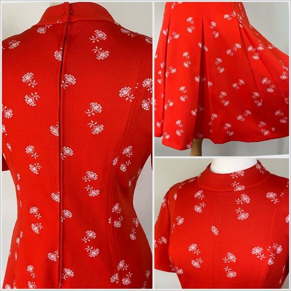 Vintage 70s Red Mock Neck Short Sleeve Midi Dress // Size Large - Picture 2 of 3